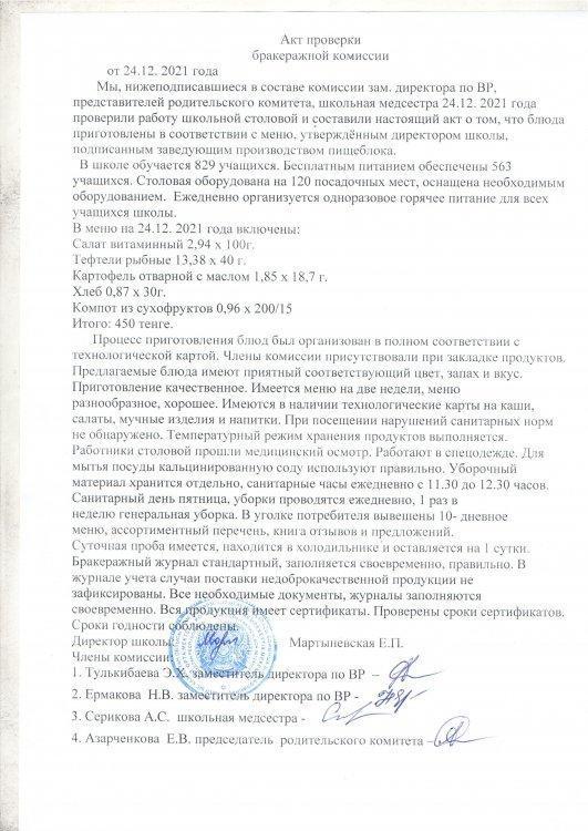 Акт проверки бракеражной комиссии